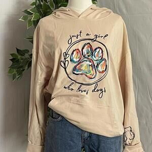 Dog Lover Hoodie – Beige Pullover w/ Colorful Paw Print – Size : Large